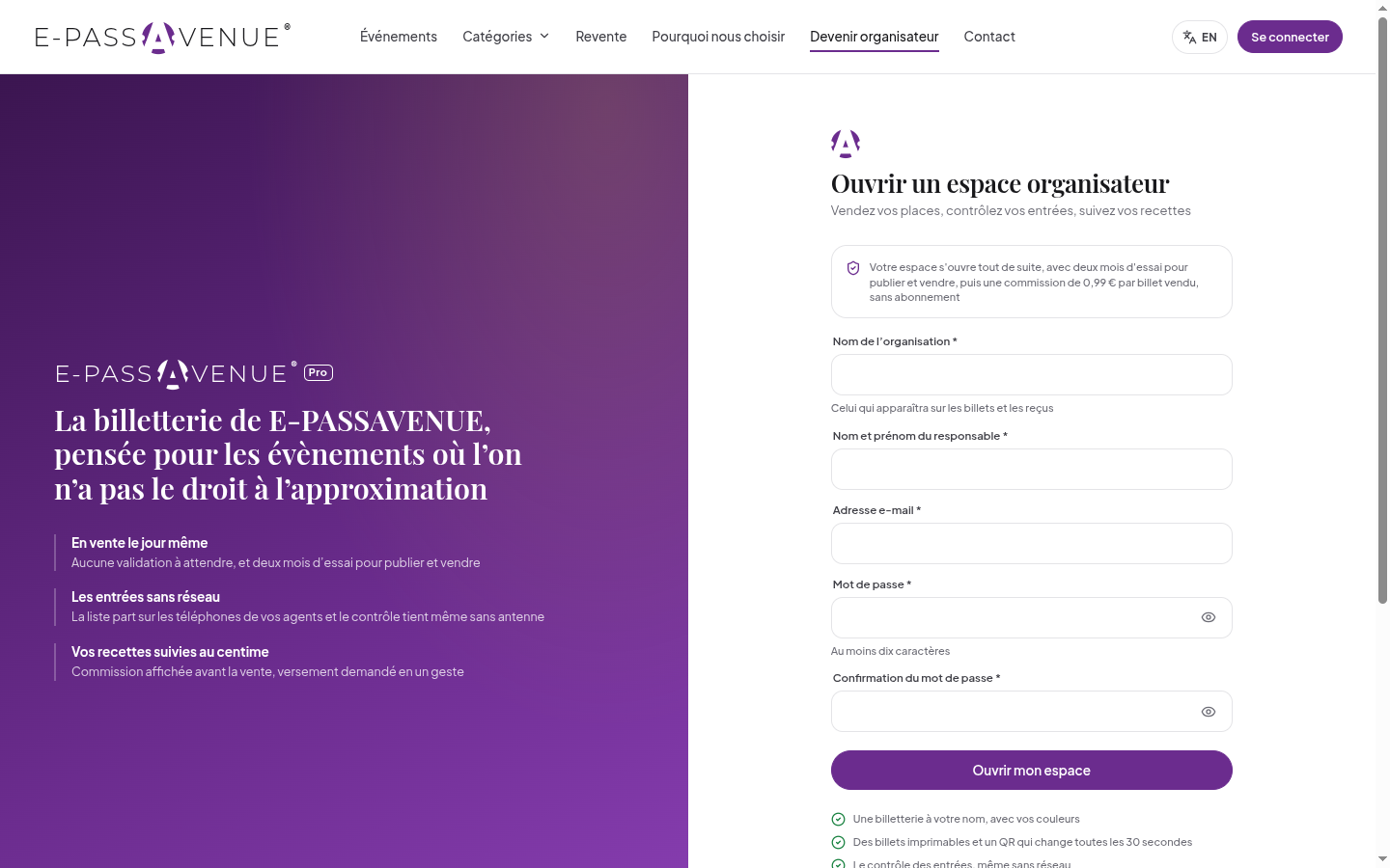 Espace organisateur · essai de deux mois puis formules