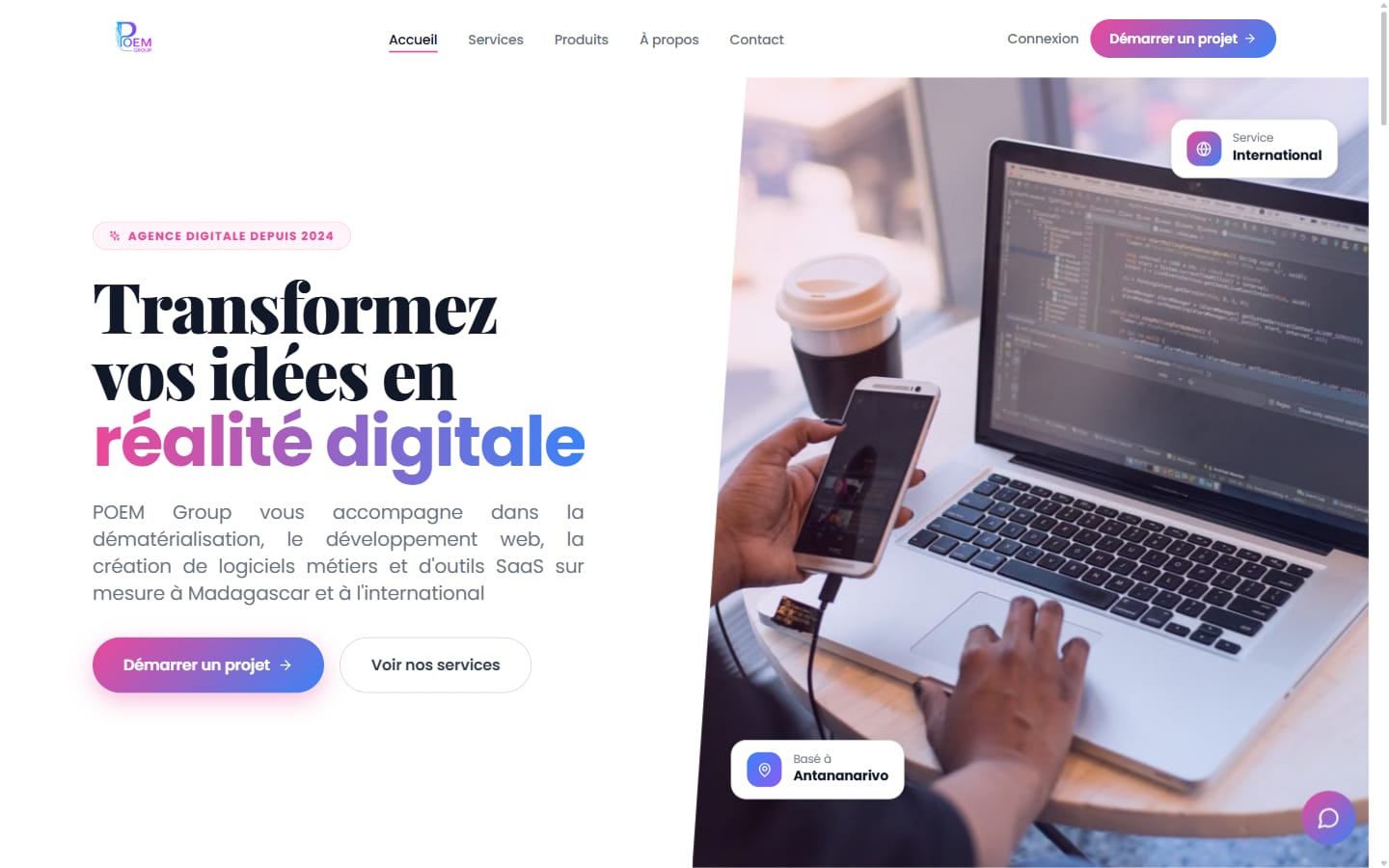 POEM Group, dashboard admin avec KPI visiteurs, prospects et activités récentes