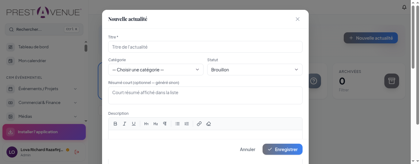 CRM PrestAvenue · Création d'une actualité