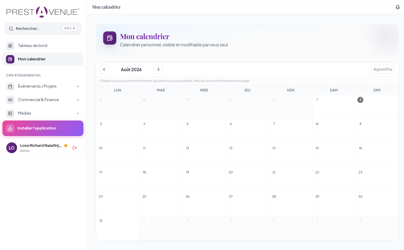 CRM PrestAvenue · Mon calendrier