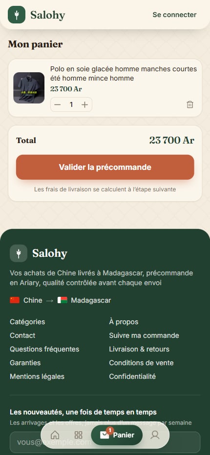 Panier Salohy et validation de la précommande en Ariary