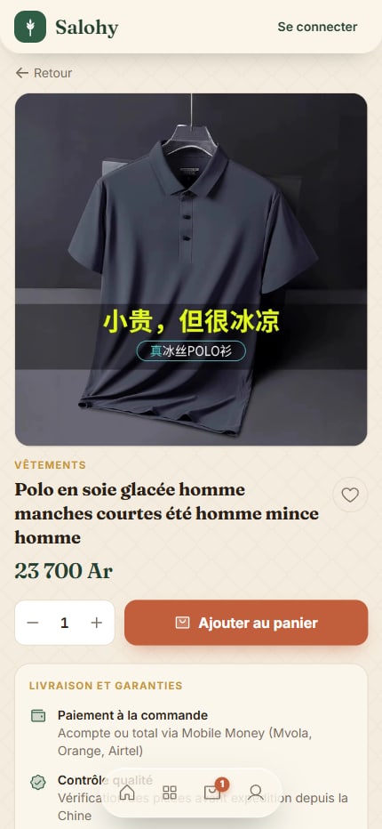 Fiche produit Salohy, paiement Mobile Money et garanties
