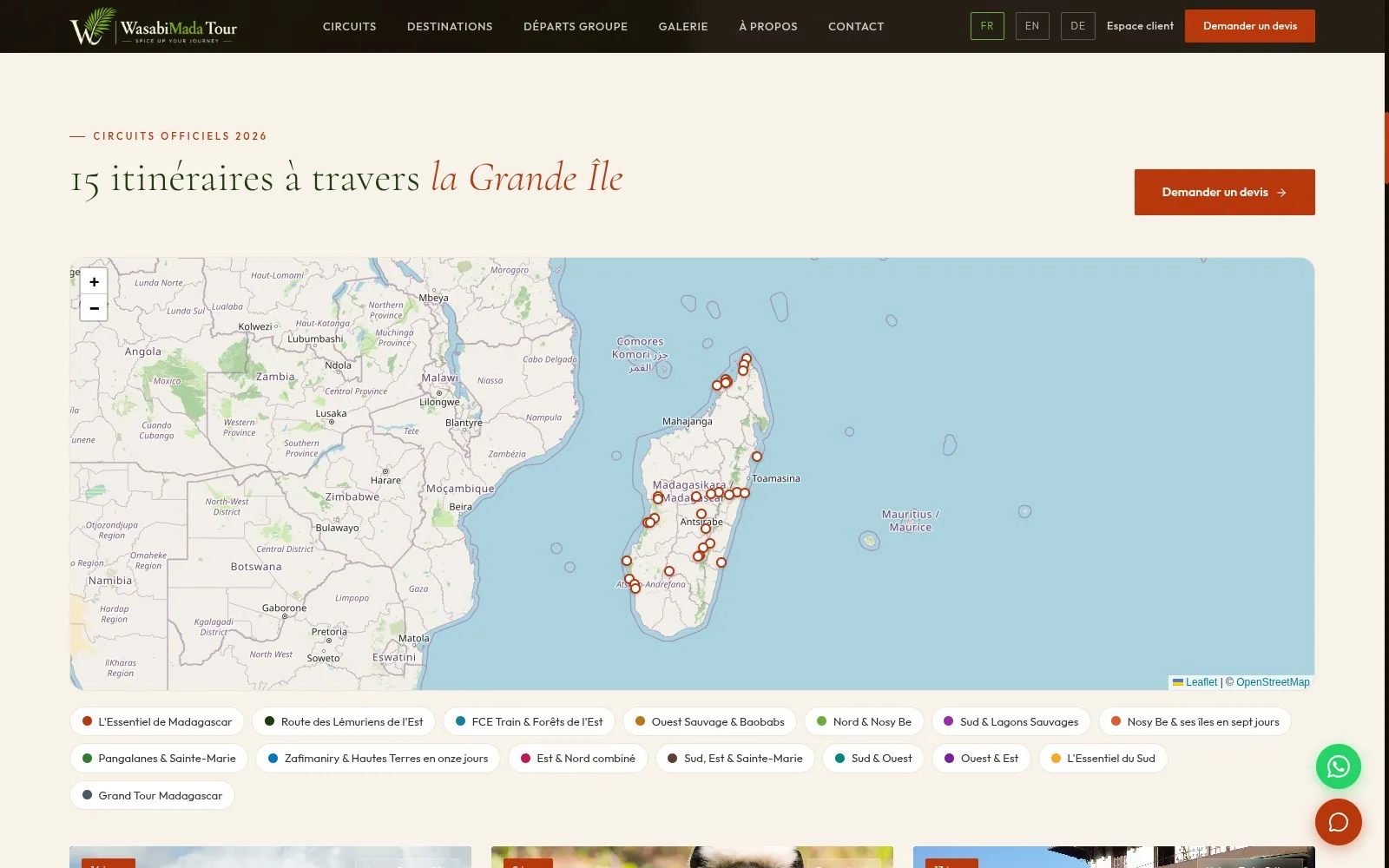 Catalogue des circuits Wasabi Mada Tour, avec carte interactive de Madagascar