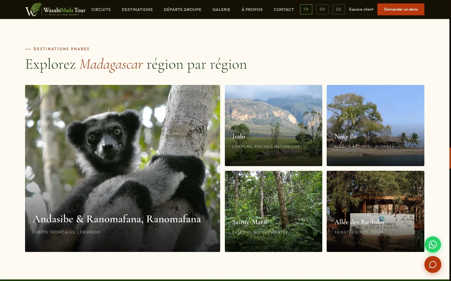 Grille des destinations phares, région par région